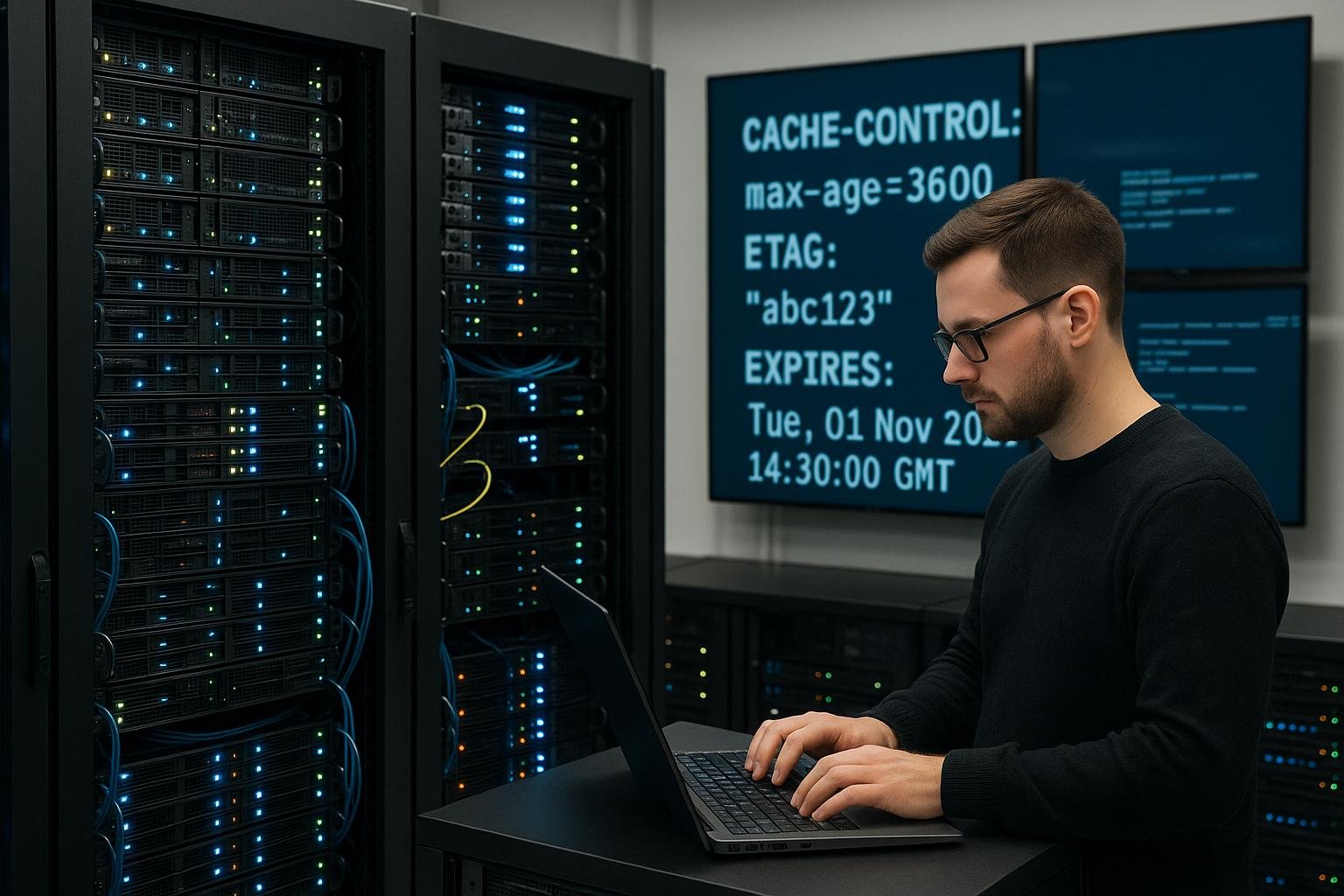 Moderner Serverraum mit Server-Racks, Techniker bei der Überwachung und Monitoren, die HTTP-Header-Analysen zeigen, Credit: 404 Magazine (Tobias Hager)