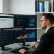 Geschäftsinhaber in modernem Büro vor mehreren Monitoren mit Webseiten, Code und Diagrammen, Regale mit Büchern über SEO, Internet-Technologien und Datenschutz im Hintergrund.