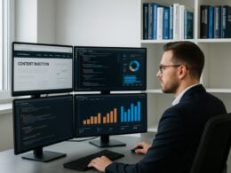 Geschäftsinhaber in modernem Büro vor mehreren Monitoren mit Webseiten, Code und Diagrammen, Regale mit Büchern über SEO, Internet-Technologien und Datenschutz im Hintergrund.