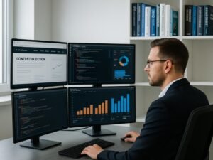 Geschäftsinhaber in modernem Büro vor mehreren Monitoren mit Webseiten, Code und Diagrammen, Regale mit Büchern über SEO, Internet-Technologien und Datenschutz im Hintergrund.