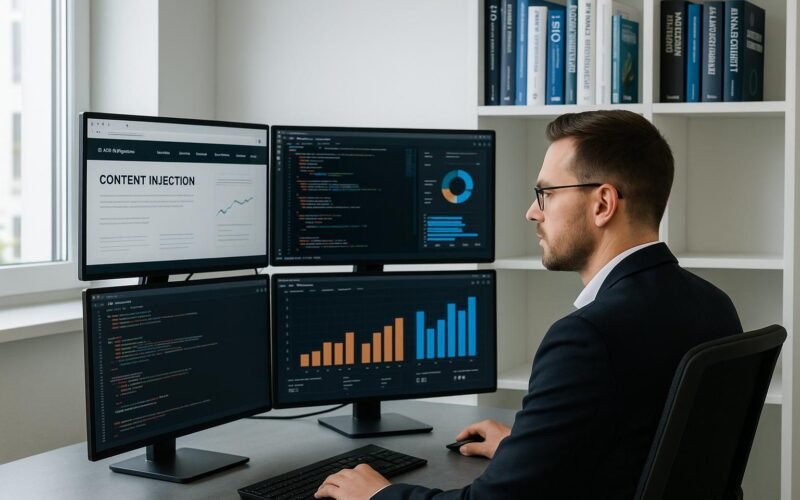 Geschäftsinhaber in modernem Büro vor mehreren Monitoren mit Webseiten, Code und Diagrammen, Regale mit Büchern über SEO, Internet-Technologien und Datenschutz im Hintergrund.