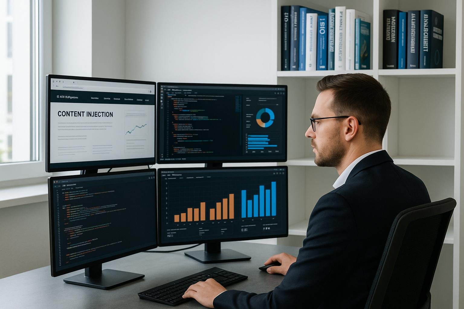 Geschäftsinhaber in modernem Büro vor mehreren Monitoren mit Webseiten, Code und Diagrammen, Regale mit Büchern über SEO, Internet-Technologien und Datenschutz im Hintergrund.