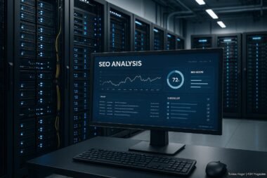 Hochmoderner Serverraum mit Serverracks, Kabelmanagement, LED-Anzeigen und Monitor, der eine technische SEO-Analyse zeigt