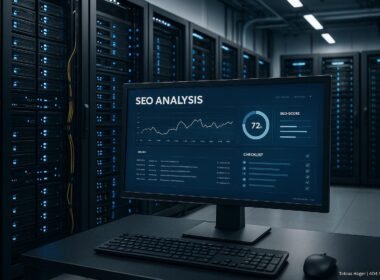 Hochmoderner Serverraum mit Serverracks, Kabelmanagement, LED-Anzeigen und Monitor, der eine technische SEO-Analyse zeigt