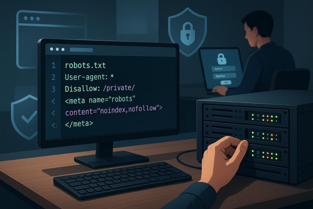 Moderner Arbeitsplatz mit Computer, Server und personlicher Sicherheitsüberwachung, Symbol für IT-Sicherheit