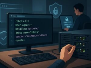 Moderner Arbeitsplatz mit Computer, Server und personlicher Sicherheitsüberwachung, Symbol für IT-Sicherheit
