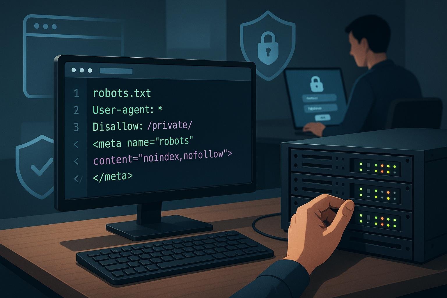 Moderner Arbeitsplatz mit Computer, Server und personlicher Sicherheitsüberwachung, Symbol für IT-Sicherheit