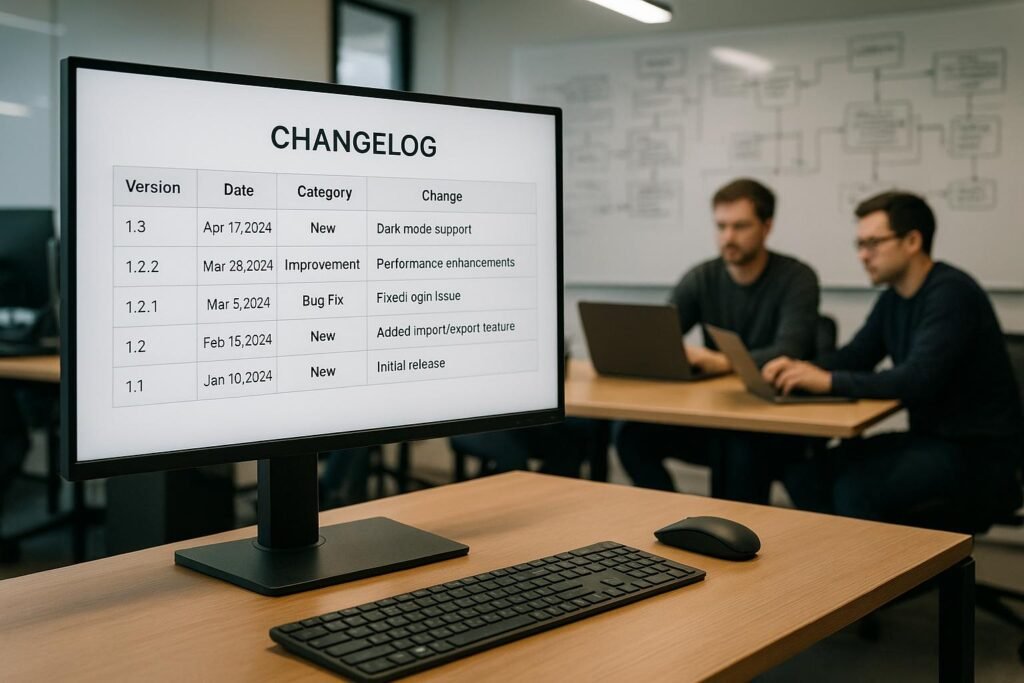 Modernes Büro-Setup mit großem Bildschirm, Entwicklerteam am Tisch und Whiteboards mit technischen Skizzen, helles Licht, effiziente Arbeitsumgebung, Credit: 404 Magazine (Tobias Hager)