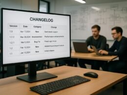 Modernes Büro-Setup mit großem Bildschirm, Entwicklerteam am Tisch und Whiteboards mit technischen Skizzen, helles Licht, effiziente Arbeitsumgebung, Credit: 404 Magazine (Tobias Hager)
