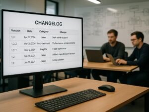 Modernes Büro-Setup mit großem Bildschirm, Entwicklerteam am Tisch und Whiteboards mit technischen Skizzen, helles Licht, effiziente Arbeitsumgebung, Credit: 404 Magazine (Tobias Hager)