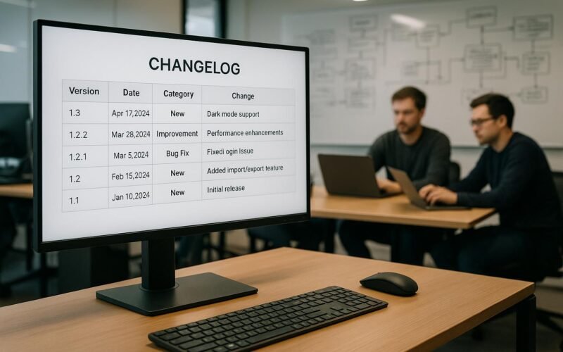 Modernes Büro-Setup mit großem Bildschirm, Entwicklerteam am Tisch und Whiteboards mit technischen Skizzen, helles Licht, effiziente Arbeitsumgebung, Credit: 404 Magazine (Tobias Hager)