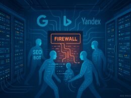 Modernes Serverraum mit digitaler Firewall, leuchtenden Kontrollanzeigen, vernetzten Kabeln, stilisierten Figuren in digitaler Kleidung und Suchmaschinen-Icons wie Google, Bing und Yandex, verbunden durch leuchtende Linien, zur Darstellung der Steuerung von SEO-Bots.