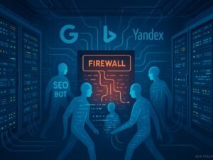 Modernes Serverraum mit digitaler Firewall, leuchtenden Kontrollanzeigen, vernetzten Kabeln, stilisierten Figuren in digitaler Kleidung und Suchmaschinen-Icons wie Google, Bing und Yandex, verbunden durch leuchtende Linien, zur Darstellung der Steuerung von SEO-Bots.