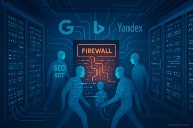 Modernes Serverraum mit digitaler Firewall, leuchtenden Kontrollanzeigen, vernetzten Kabeln, stilisierten Figuren in digitaler Kleidung und Suchmaschinen-Icons wie Google, Bing und Yandex, verbunden durch leuchtende Linien, zur Darstellung der Steuerung von SEO-Bots.