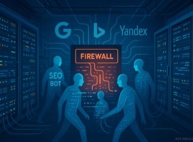 Modernes Serverraum mit digitaler Firewall, leuchtenden Kontrollanzeigen, vernetzten Kabeln, stilisierten Figuren in digitaler Kleidung und Suchmaschinen-Icons wie Google, Bing und Yandex, verbunden durch leuchtende Linien, zur Darstellung der Steuerung von SEO-Bots.