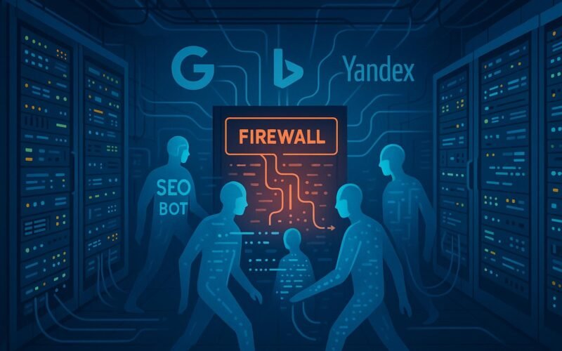Modernes Serverraum mit digitaler Firewall, leuchtenden Kontrollanzeigen, vernetzten Kabeln, stilisierten Figuren in digitaler Kleidung und Suchmaschinen-Icons wie Google, Bing und Yandex, verbunden durch leuchtende Linien, zur Darstellung der Steuerung von SEO-Bots.