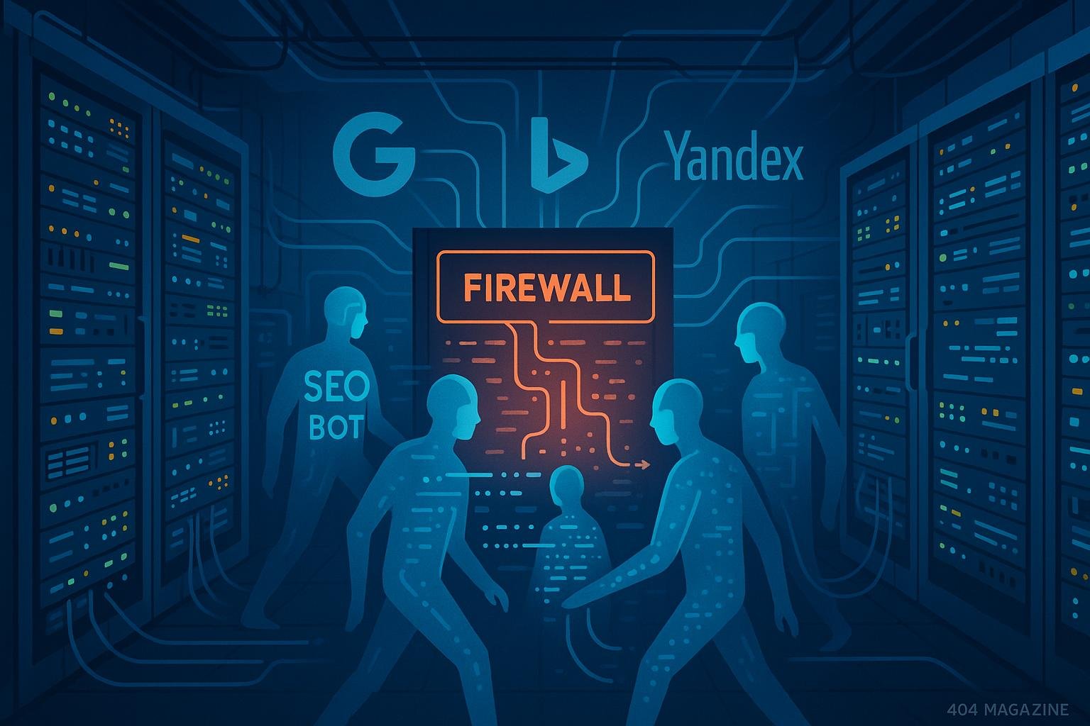 Modernes Serverraum mit digitaler Firewall, leuchtenden Kontrollanzeigen, vernetzten Kabeln, stilisierten Figuren in digitaler Kleidung und Suchmaschinen-Icons wie Google, Bing und Yandex, verbunden durch leuchtende Linien, zur Darstellung der Steuerung von SEO-Bots.