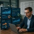 IT-Experte arbeitet an einem Laptop vor mehreren Bildschirmen mit SEO-Dashboards, im Hintergrund Whiteboards mit API-Skizzen, High-Tech-Umgebung