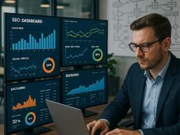 IT-Experte arbeitet an einem Laptop vor mehreren Bildschirmen mit SEO-Dashboards, im Hintergrund Whiteboards mit API-Skizzen, High-Tech-Umgebung