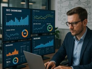 IT-Experte arbeitet an einem Laptop vor mehreren Bildschirmen mit SEO-Dashboards, im Hintergrund Whiteboards mit API-Skizzen, High-Tech-Umgebung