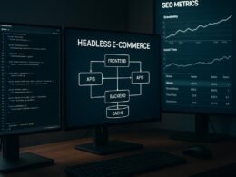 Digitaler Arbeitsplatz mit Monitoren, die Code, API-Architekturen und SEO-Metriken zeigen, bei fokussierter Beleuchtung