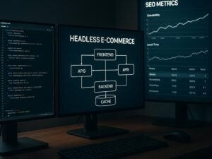 Digitaler Arbeitsplatz mit Monitoren, die Code, API-Architekturen und SEO-Metriken zeigen, bei fokussierter Beleuchtung