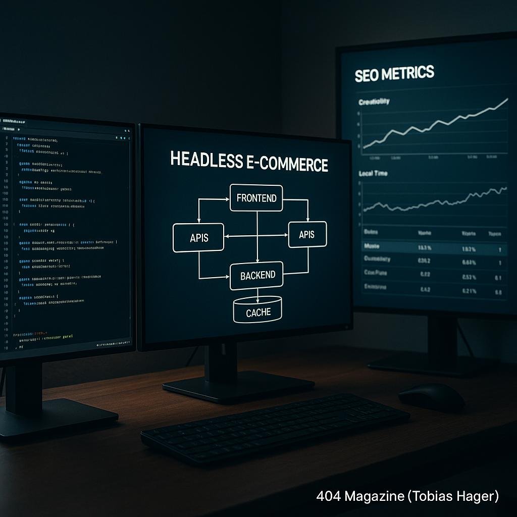 Digitaler Arbeitsplatz mit Monitoren, die Code, API-Architekturen und SEO-Metriken zeigen, bei fokussierter Beleuchtung