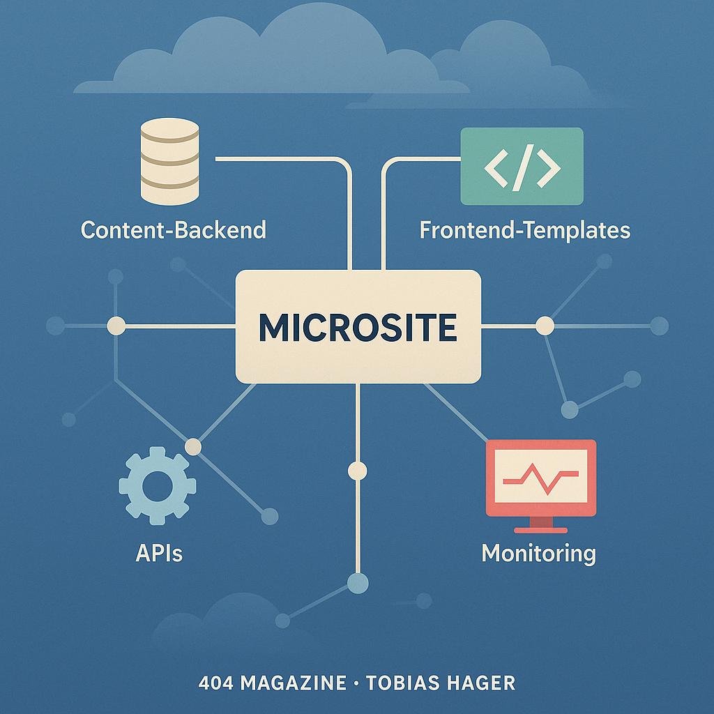 Dynamischer Workspace mit Code-Editoren, Monitoren, Server-Racks und digitaler Microsite-Karte, die Effizienz, Automatisierung und Innovation symbolisieren.
