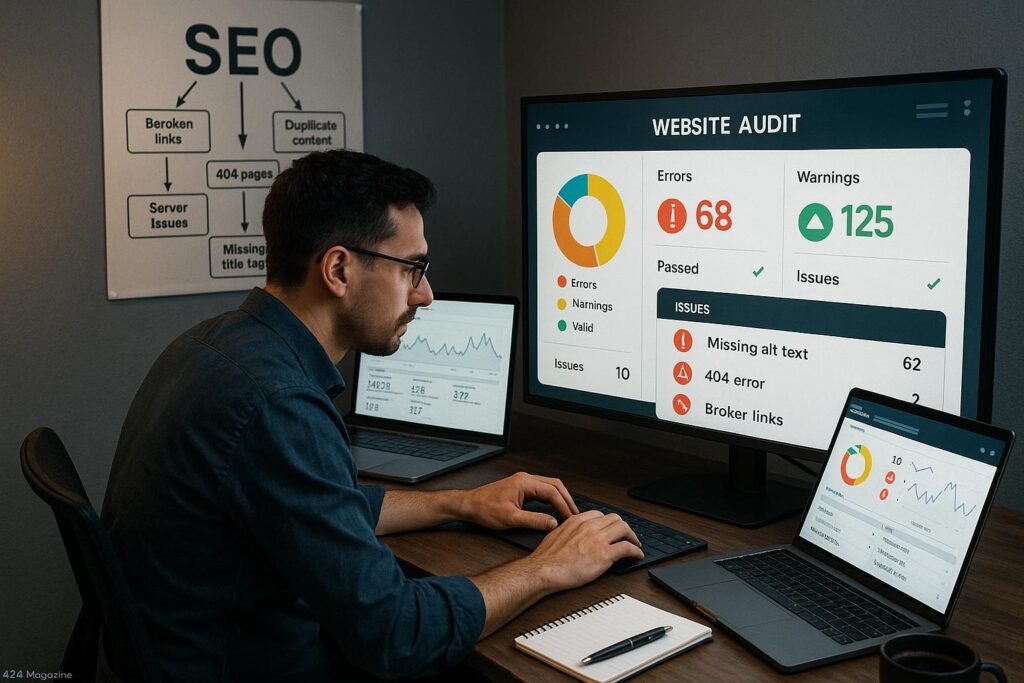 Professioneller SEO-Analyst, der an einem modernen Arbeitsplatz arbeitet, mit mehreren Monitoren, die Website-Analysen und Fehlerberichte zeigen, inklusive einer Wandkarte mit SEO-Fehlerquellen.