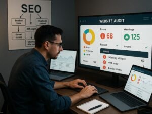 Professioneller SEO-Analyst, der an einem modernen Arbeitsplatz arbeitet, mit mehreren Monitoren, die Website-Analysen und Fehlerberichte zeigen, inklusive einer Wandkarte mit SEO-Fehlerquellen.