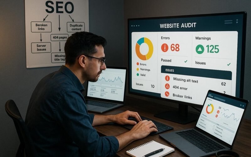 Professioneller SEO-Analyst, der an einem modernen Arbeitsplatz arbeitet, mit mehreren Monitoren, die Website-Analysen und Fehlerberichte zeigen, inklusive einer Wandkarte mit SEO-Fehlerquellen.