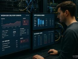 IT-Experte prüft Dashboard mit Fehlerstatistiken in einer modernen IT-Umgebung, einschließlich Monitore, Netzwerkgeräte und Serverrack.