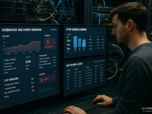 IT-Experte prüft Dashboard mit Fehlerstatistiken in einer modernen IT-Umgebung, einschließlich Monitore, Netzwerkgeräte und Serverrack.