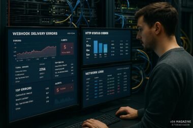 IT-Experte prüft Dashboard mit Fehlerstatistiken in einer modernen IT-Umgebung, einschließlich Monitore, Netzwerkgeräte und Serverrack.
