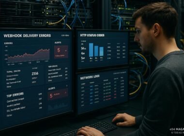 IT-Experte prüft Dashboard mit Fehlerstatistiken in einer modernen IT-Umgebung, einschließlich Monitore, Netzwerkgeräte und Serverrack.