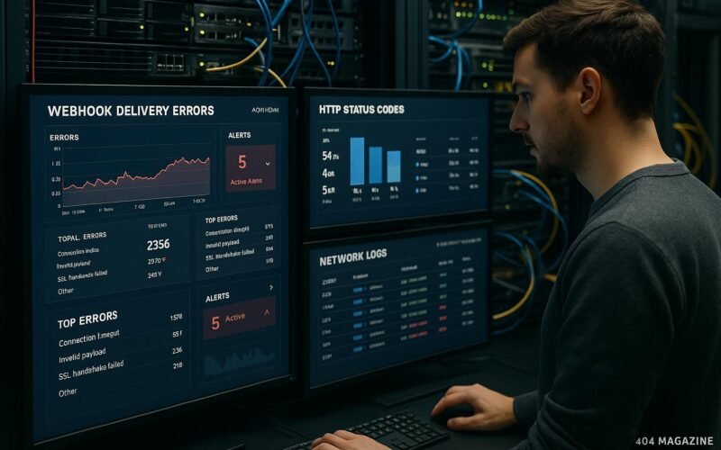 IT-Experte prüft Dashboard mit Fehlerstatistiken in einer modernen IT-Umgebung, einschließlich Monitore, Netzwerkgeräte und Serverrack.
