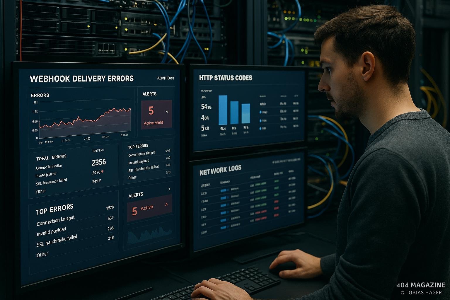 IT-Experte prüft Dashboard mit Fehlerstatistiken in einer modernen IT-Umgebung, einschließlich Monitore, Netzwerkgeräte und Serverrack.