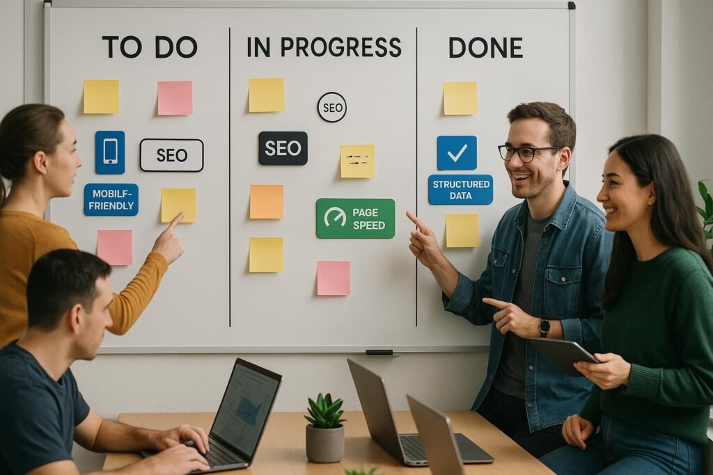 Modernes agiles Teamarbeitsplatz mit Whiteboard, Sticky Notes und Teammitgliedern bei der Zusammenarbeit, inklusive SEO- und Automatisierungs-Icons