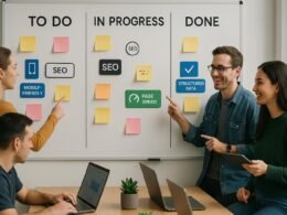 Modernes agiles Teamarbeitsplatz mit Whiteboard, Sticky Notes und Teammitgliedern bei der Zusammenarbeit, inklusive SEO- und Automatisierungs-Icons