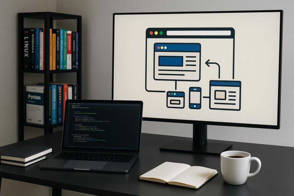 Moderner Arbeitsbereich mit Laptop, großem Bildschirm mit Browser-Automatismus-Visualisierung, Notizbüchern, Kaffeetasse und Bücherregal im Hintergrund