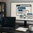 Moderner Arbeitsbereich mit Laptop, großem Bildschirm mit Browser-Automatismus-Visualisierung, Notizbüchern, Kaffeetasse und Bücherregal im Hintergrund