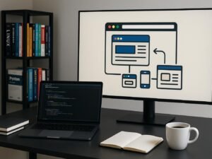Moderner Arbeitsbereich mit Laptop, großem Bildschirm mit Browser-Automatismus-Visualisierung, Notizbüchern, Kaffeetasse und Bücherregal im Hintergrund