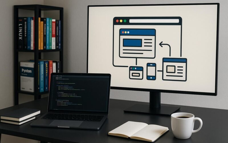 Moderner Arbeitsbereich mit Laptop, großem Bildschirm mit Browser-Automatismus-Visualisierung, Notizbüchern, Kaffeetasse und Bücherregal im Hintergrund