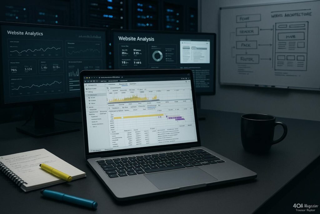 Arbeitsplatz mit Monitoren, Laptop und Notizen, futuristische Server-Racks im Hintergrund, Whiteboard mit Skizzen, zeigt Web-Analyse und Code-Visualisierung.