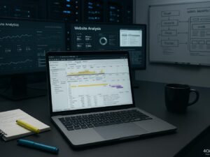 Arbeitsplatz mit Monitoren, Laptop und Notizen, futuristische Server-Racks im Hintergrund, Whiteboard mit Skizzen, zeigt Web-Analyse und Code-Visualisierung.