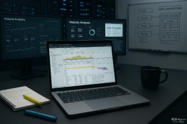 Arbeitsplatz mit Monitoren, Laptop und Notizen, futuristische Server-Racks im Hintergrund, Whiteboard mit Skizzen, zeigt Web-Analyse und Code-Visualisierung.