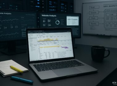 Arbeitsplatz mit Monitoren, Laptop und Notizen, futuristische Server-Racks im Hintergrund, Whiteboard mit Skizzen, zeigt Web-Analyse und Code-Visualisierung.