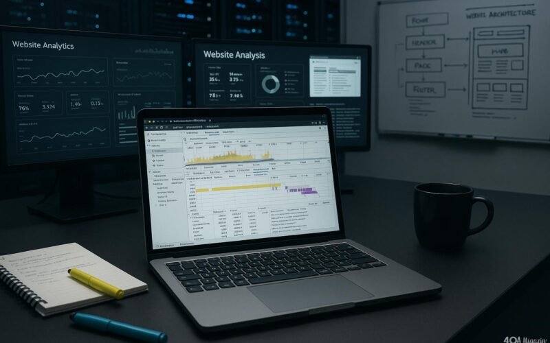 Arbeitsplatz mit Monitoren, Laptop und Notizen, futuristische Server-Racks im Hintergrund, Whiteboard mit Skizzen, zeigt Web-Analyse und Code-Visualisierung.