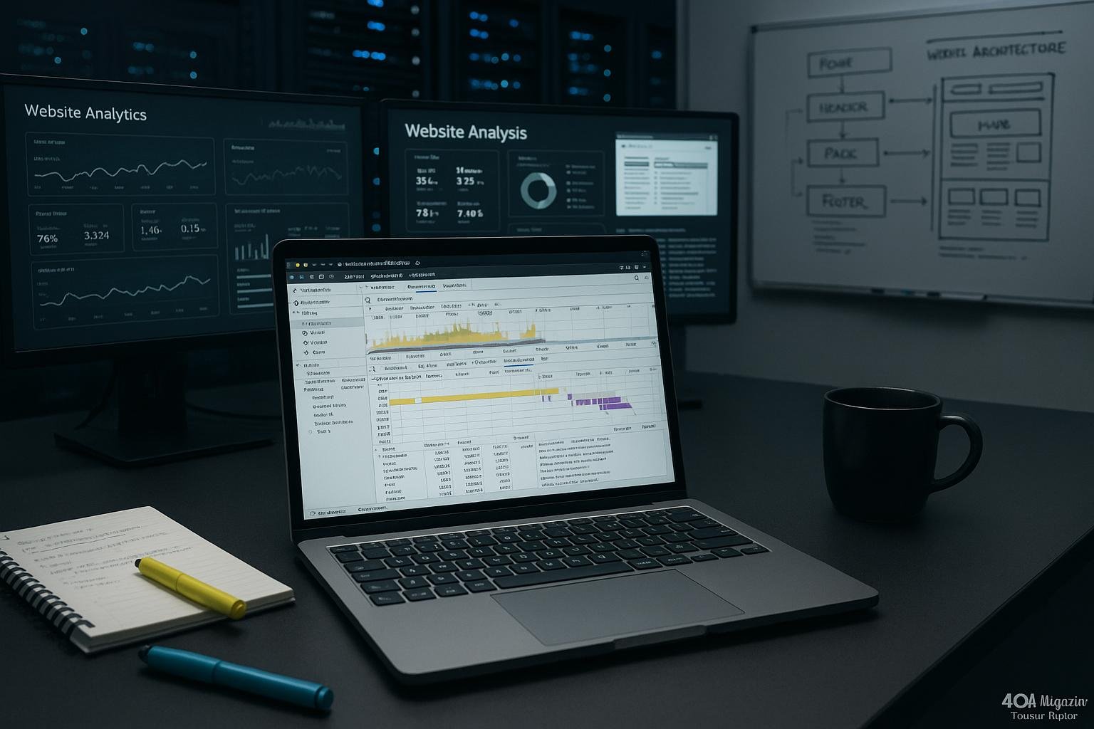 Arbeitsplatz mit Monitoren, Laptop und Notizen, futuristische Server-Racks im Hintergrund, Whiteboard mit Skizzen, zeigt Web-Analyse und Code-Visualisierung.