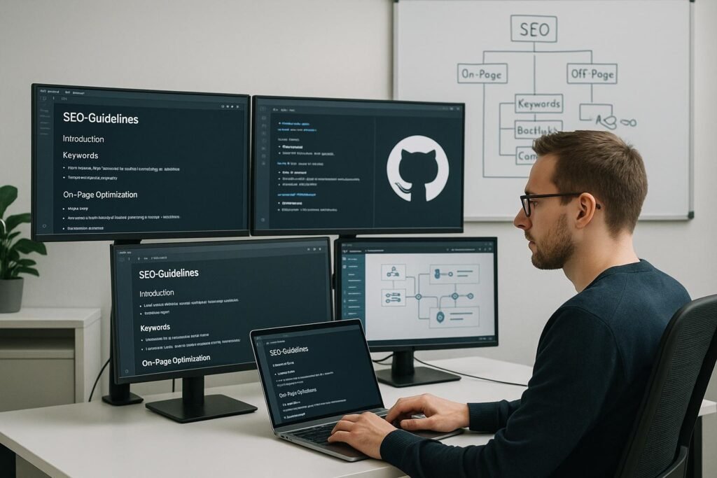 Modernes Büro-Setup mit Monitoren, Entwickler am Laptop und Whiteboard mit SEO-Diagrammen, technische Tools und aufgeräumte Umgebung